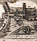 Plac Kościelny z panoramy Cieszyna J. W. Frschmanna z opisem, po 1720,  nr 30 - kościół, nr 31 - stary budynek szkoły, 29 i 32 – domy pastorów